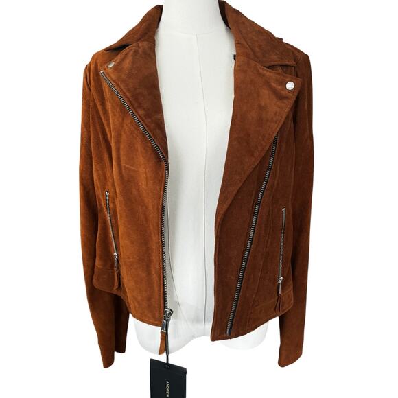 Andrew Marc Genuine Suede Leather Moto Bomber Jacket Brown Size Medium NWT - Picture 2 of 14
